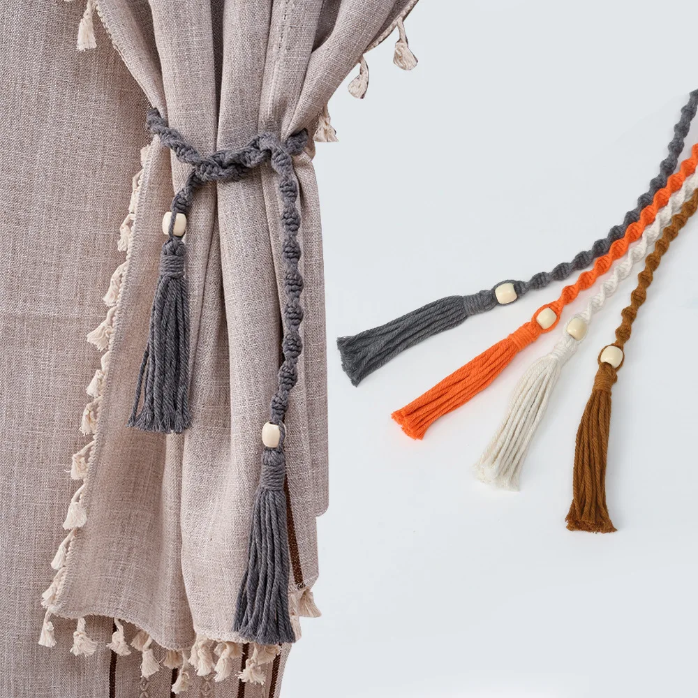 Macrame Curtain Tiebacks with Tassels & Wood Beads, Handwoven Cotton Rope Curtain Holdbacks for Boho Home Decor