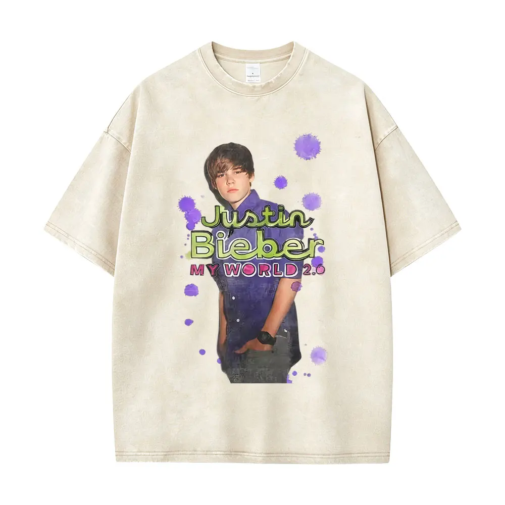 Washed Vintage Justin Bieber Big Face Graphic T-shirt Men Women Hip Hop Fashion Oversized T Shirts Men's Casual Cotton T-shirts