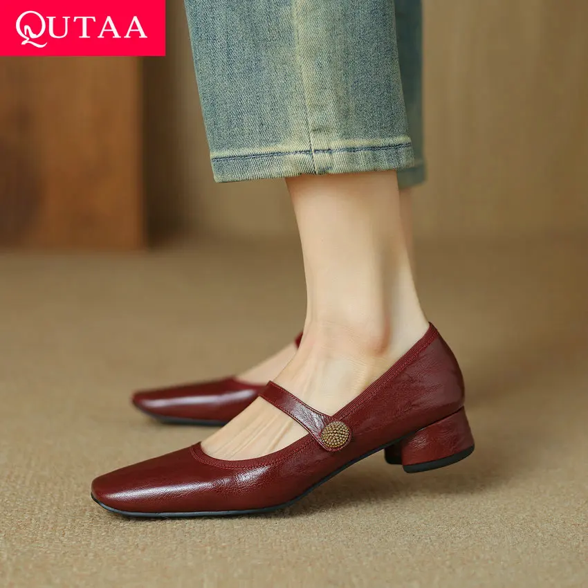 

QUTAA 2024 Women Genuine Leather Pumps Buckles Fashion Square Toe Party Wedding Shoes Mary Janes Woman Low Heel Size 34-42