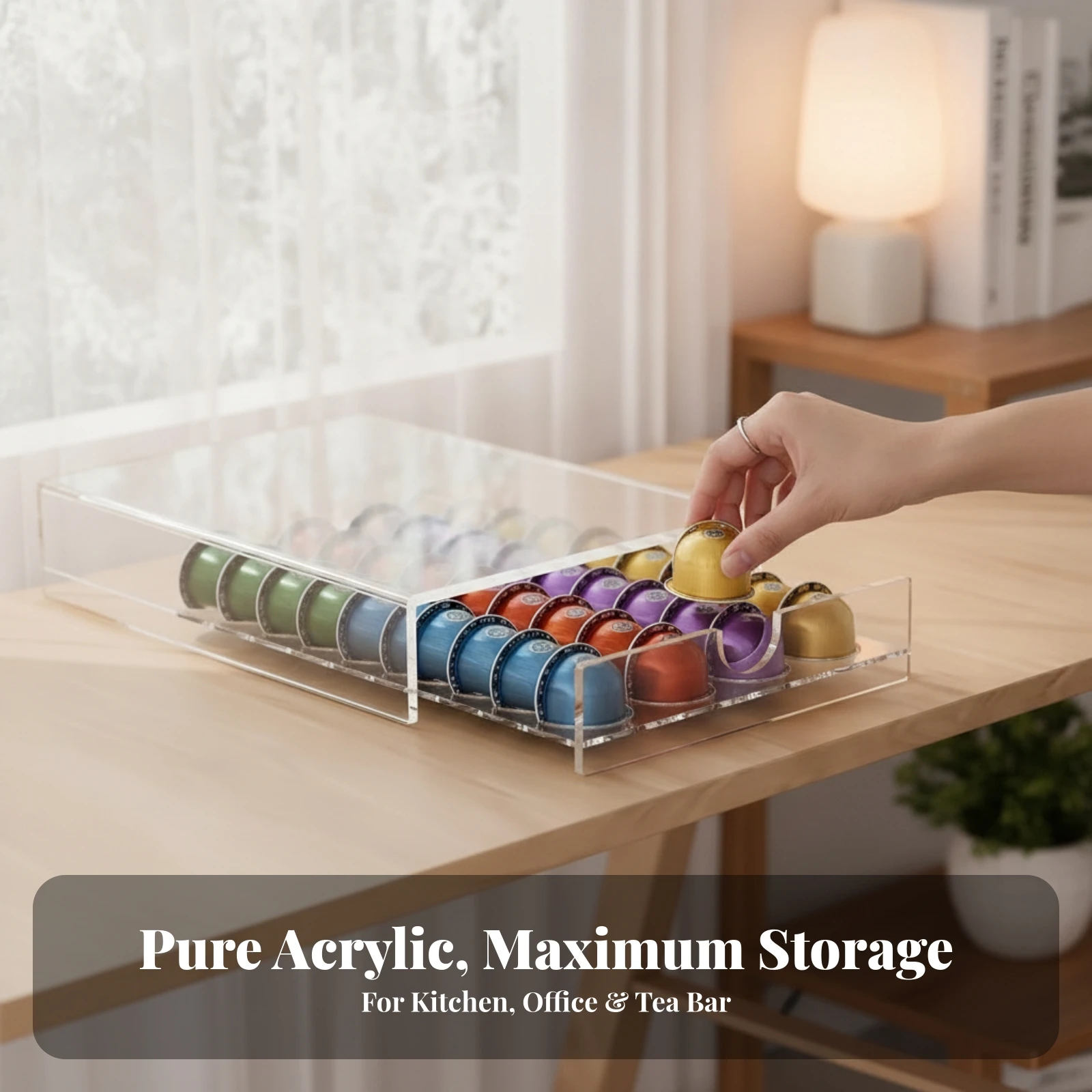 Capsule Organizer with Slotted Front Quick Access Coffee Pod Tray Coffee Capsule Tray Clear Acrylic for Kitchen Countertop