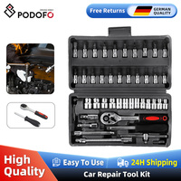 Podofo 46 PCs Automotive Repair Hand Tool Set Mechanic'S Tool Box, Socket Spanner Ratcheting Screwdriver Ratcheting Screwdriver