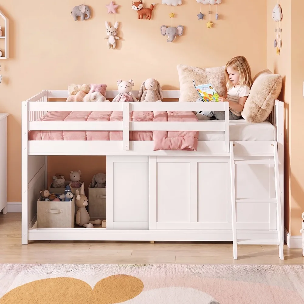 Twin Loft Bed w/ Aluminum Sliding Door Spacious Under-Bed Space, Guardrails