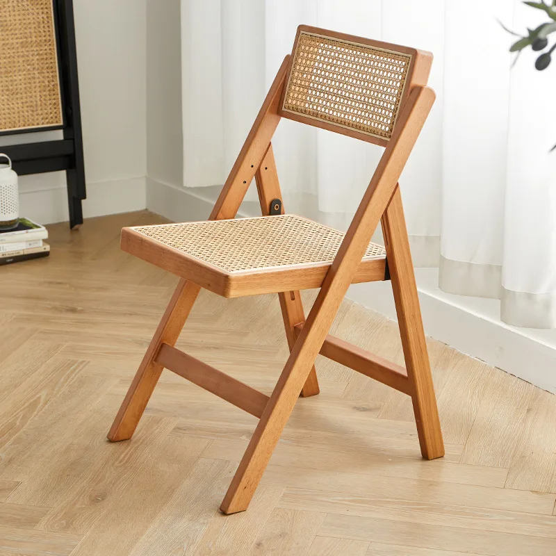

Retro rattan chair Home simple restaurant chair Japanese solid wood backrest folding chair