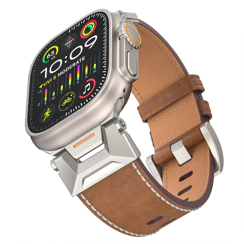 Genuine Leather Strap For Apple Watch Ultra 2 49mm 10 9 8 7 45mm 46mm Mecha Business Wristband For iWatch 6 5 4 44mm Accessories