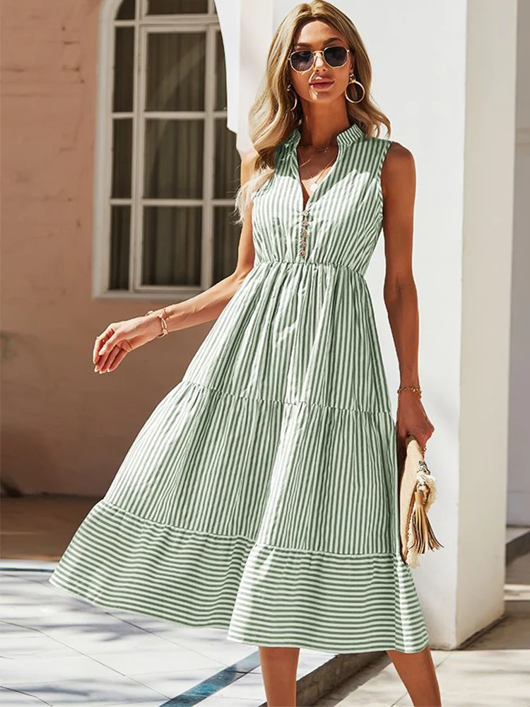 

Striped Midi Dress Women Summer Boho Long Dress Female Vintage V Neck Button Sleeveless Sundress Elastic Large Swing Beach Dress