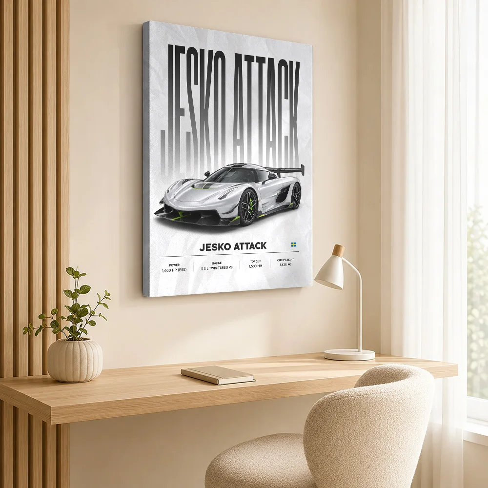 Swedish Jesko Attack White Hypercar Canvas Print Posters Sleek Wall Decor With Customized Photo For Workshop Ideal Birthday Gift
