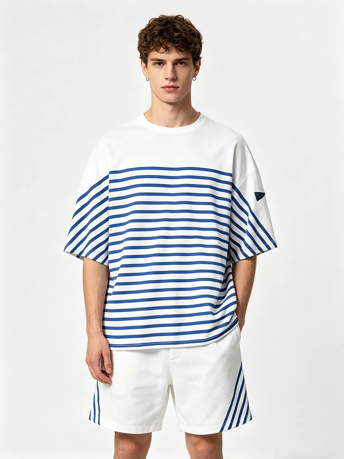 22SS KAPITAL Hirata Kazuhiro Blue and White Stripe Color Blocked Three Flag Five Sleeve Round Neck Loose Short Sleeve T-shirt