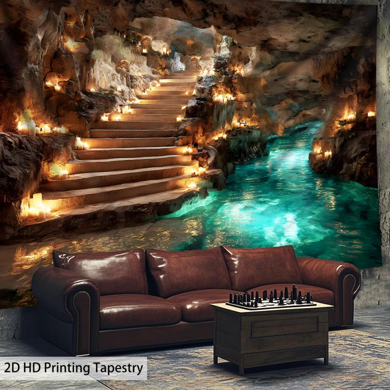 VIKAMA Cave Staircase Tapestry Mysterious Candles Stream Fantasy Healing Wind Living Room Room Decoration
