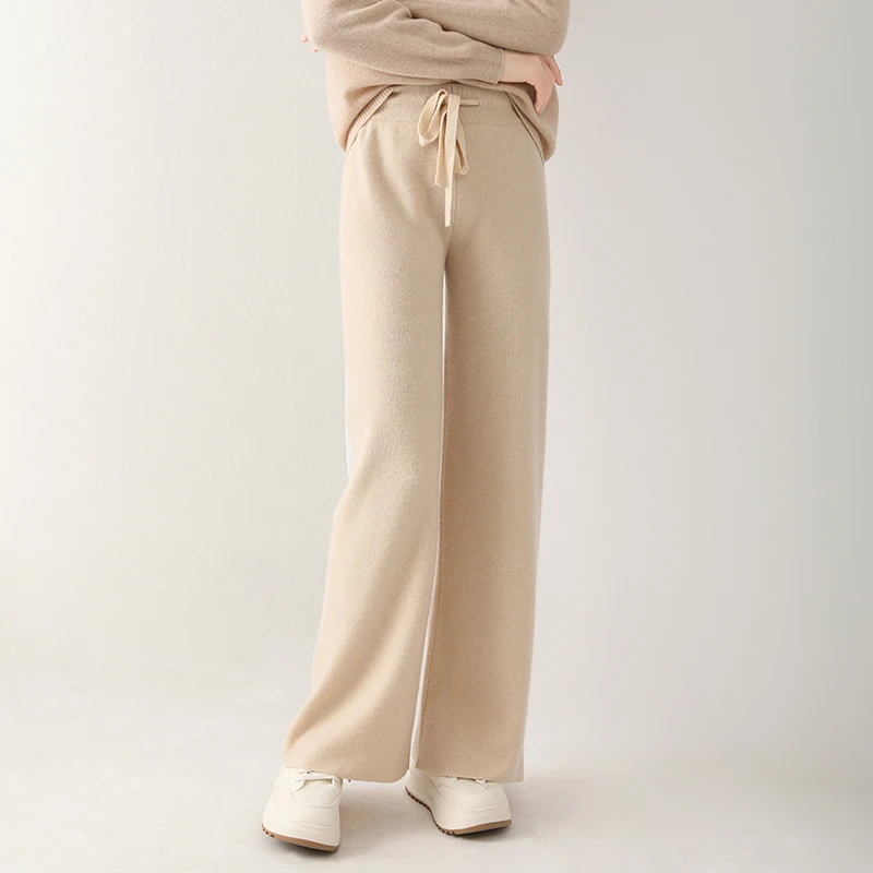 100% wool wide leg pants for women high waisted lace up cashmere straight leg floor pants outerwear autumn and winter pants