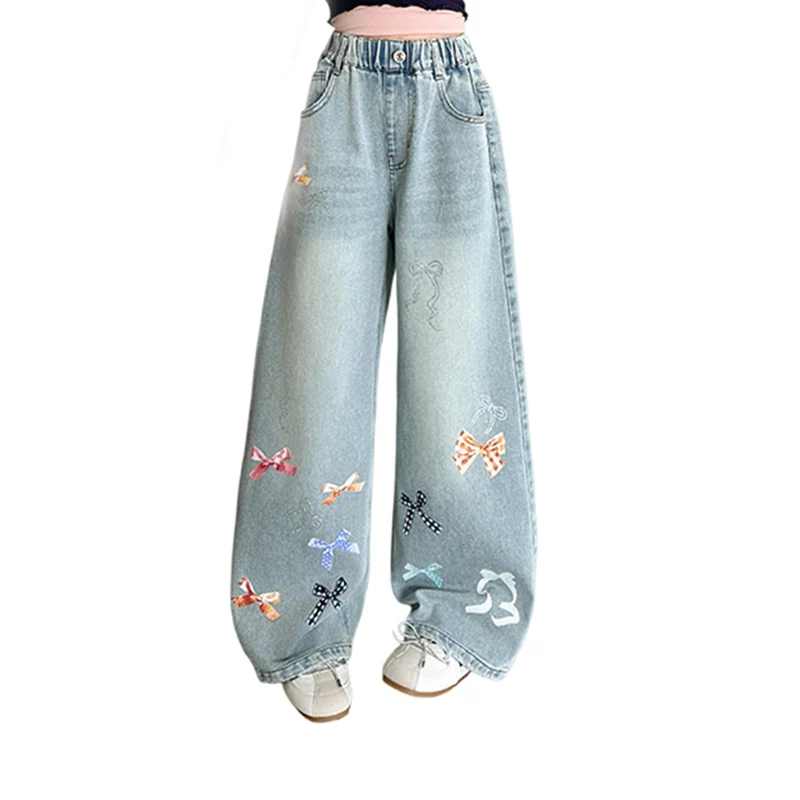 Girls jeans printed bow wide leg pants 2026 spring and autumn new fashion printed fashion straight pants suitable for children a
