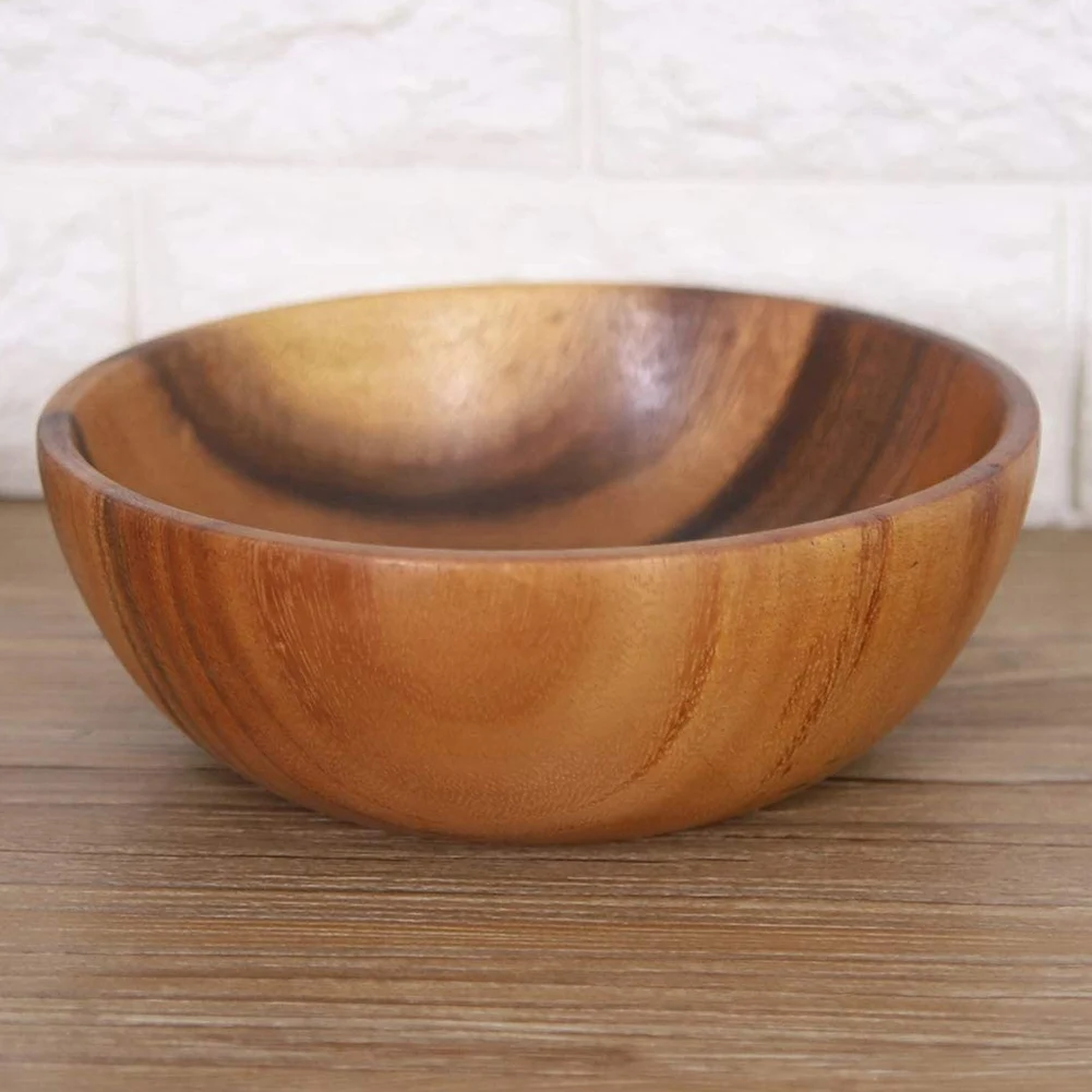 Natural Hand-Made Wooden Salad Bowl Classic Large Round Salad Soup Dining Bowl Plates Wood Kitchen Utensils