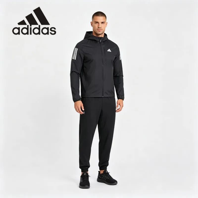 Mens Adidas Woven Wind Suit Shoulder 3 Stripes Zip Hood Jacket Slim Cuff Joggers Outdoor Fitness Outfit One Set IN1483 + IV7589