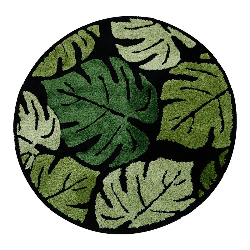 Round Green Monstera Tufted Rug Area Rug Tropical Leaf Plush Rug for Living Room Bathroom Home Fluffy Boho Plant Bath Mat