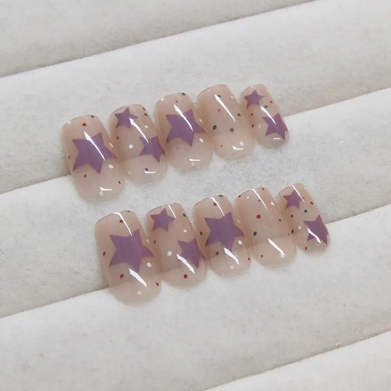 

24pcs Cute Purple Y2k Press On Nails Star Designs Short False Nails Tips Reusable Ballerina Japanese Fake Nails For Women
