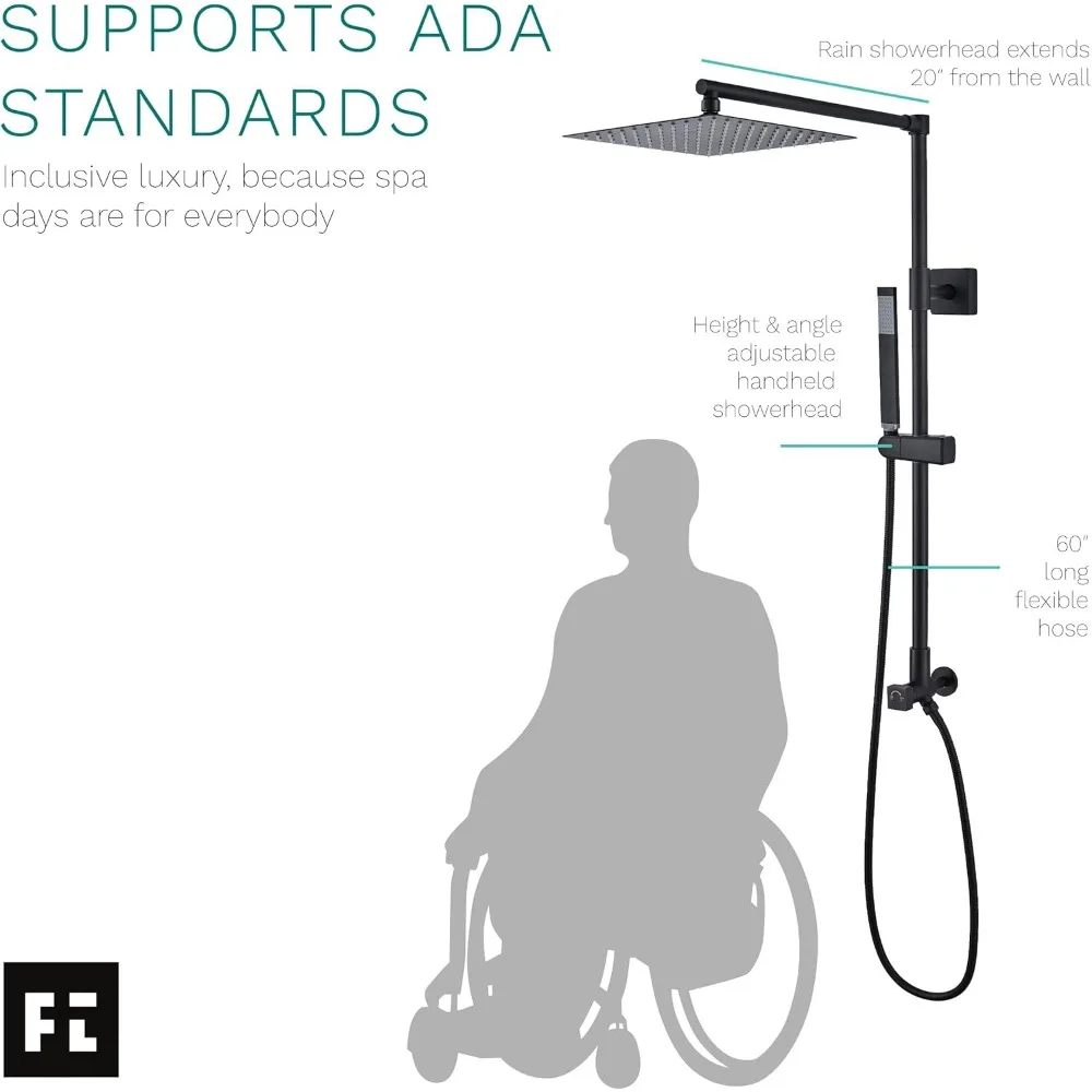 Sistema doccia a pioggia: include soffione doccia a pioggia quadrato da 10" e combo doccia a mano, altezza regolabile, retrofit, tubo da 60"