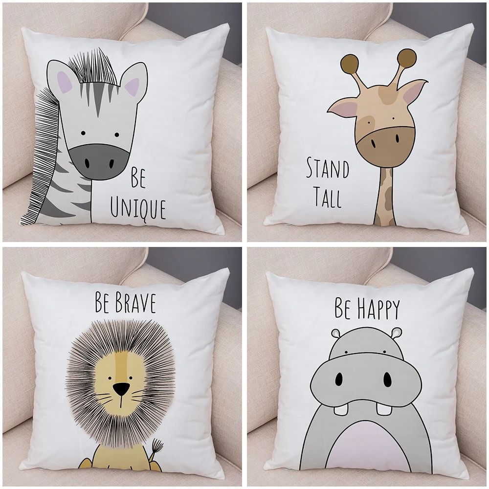 4 Pcs Nordic Zebra Hippo Giraffe Lion Crocodile Pillow Case Decor Animal Cushion Cover for Sofa Peach Skin Pillowcase 44x44cm