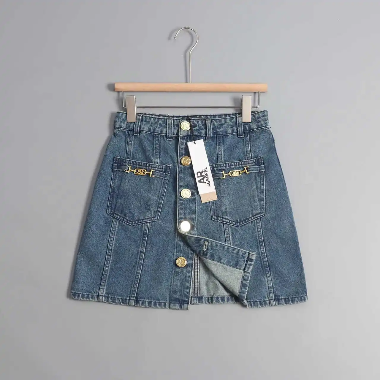 

Джинсовая юбка из хлопка с металлическими синими краями и высокой талией, джинсовая юбка, Новое поступление, осенний сезон, женская мода