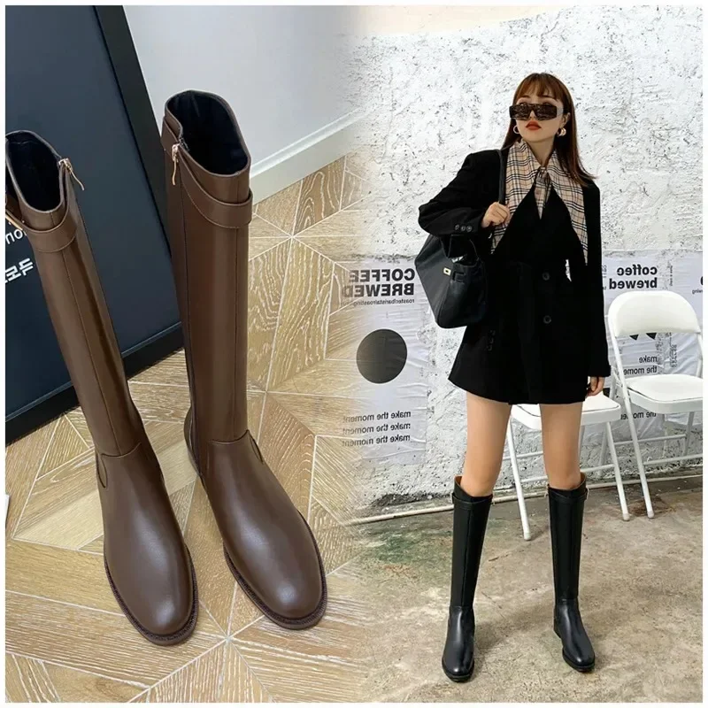 Ladies Knight Boots Classic Warm Boots Side Zipper Round-toe Thick Heel Slim Knee Boots Autumn Winter Women Botas