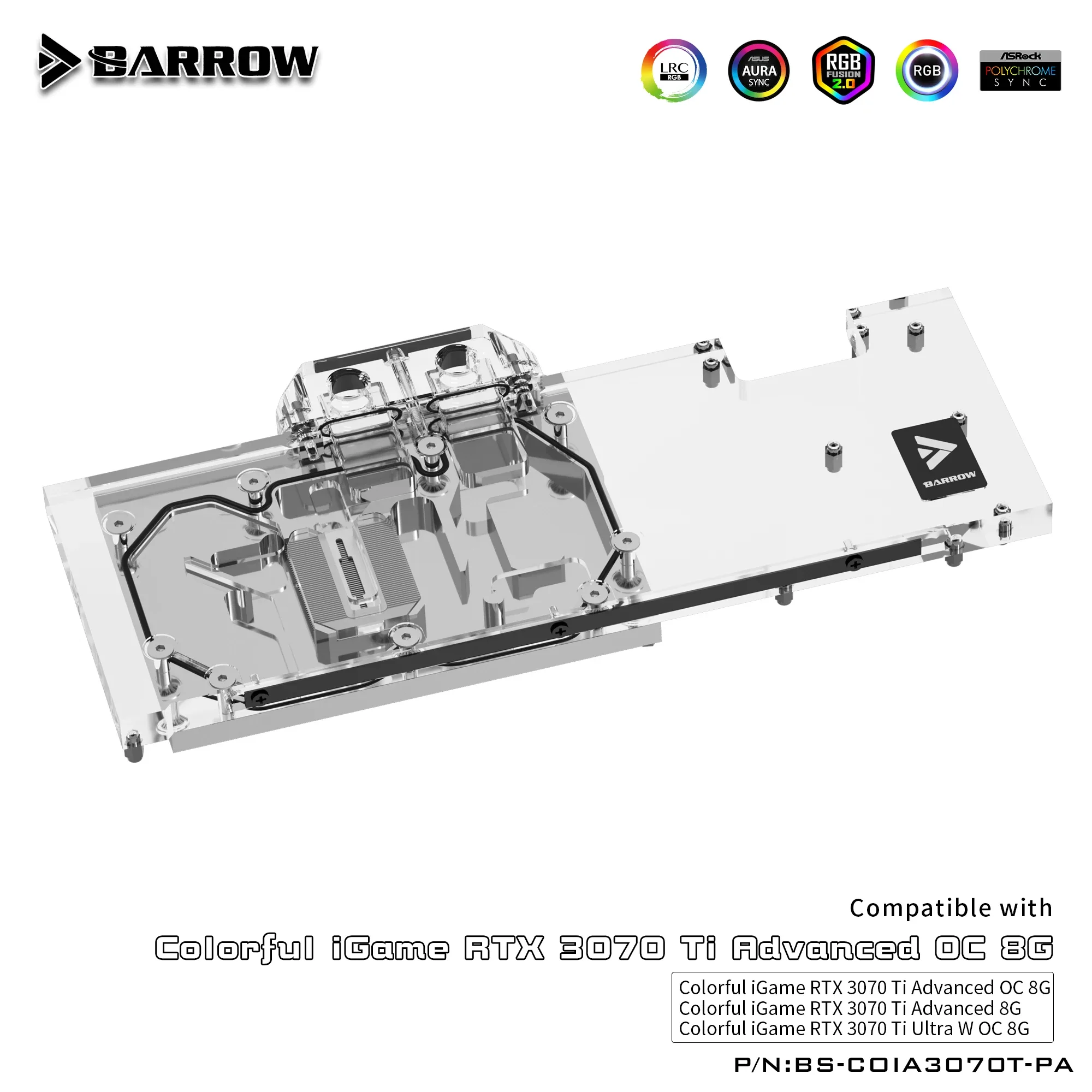 Barrow GPU Water Block,For Colorful IGame RTX 3070 TI Advanced OC / Ultra W OC 8G,Full Cover Water Cooler BS-COIA3070T-PA