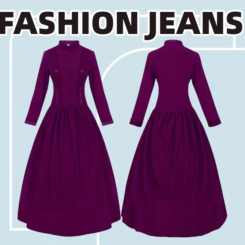 

Halloween Medieval Dress Women's Standing Collar Design with Regular Hem Retro Long Skirt Full of Atmosphere