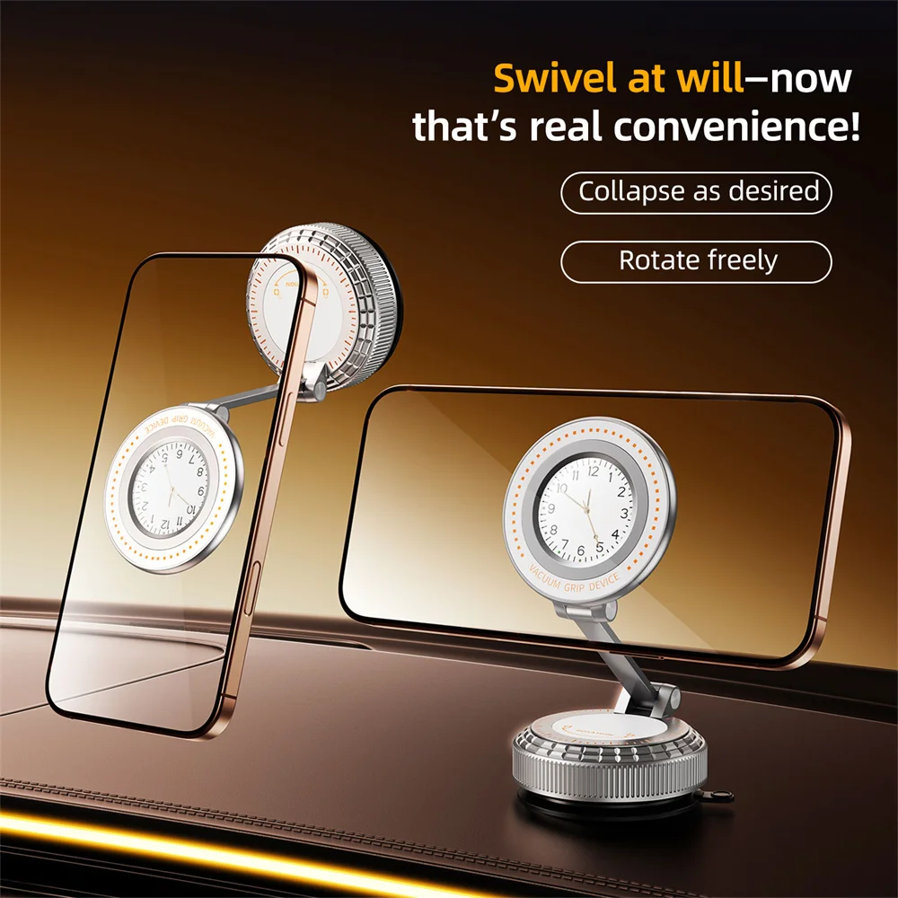

Magnetic Car Phone Holder with Clock N52 Strong Magnet Vacuum Suction Cup Mount 360 Rotation Foldable Bracket for Iphone Android