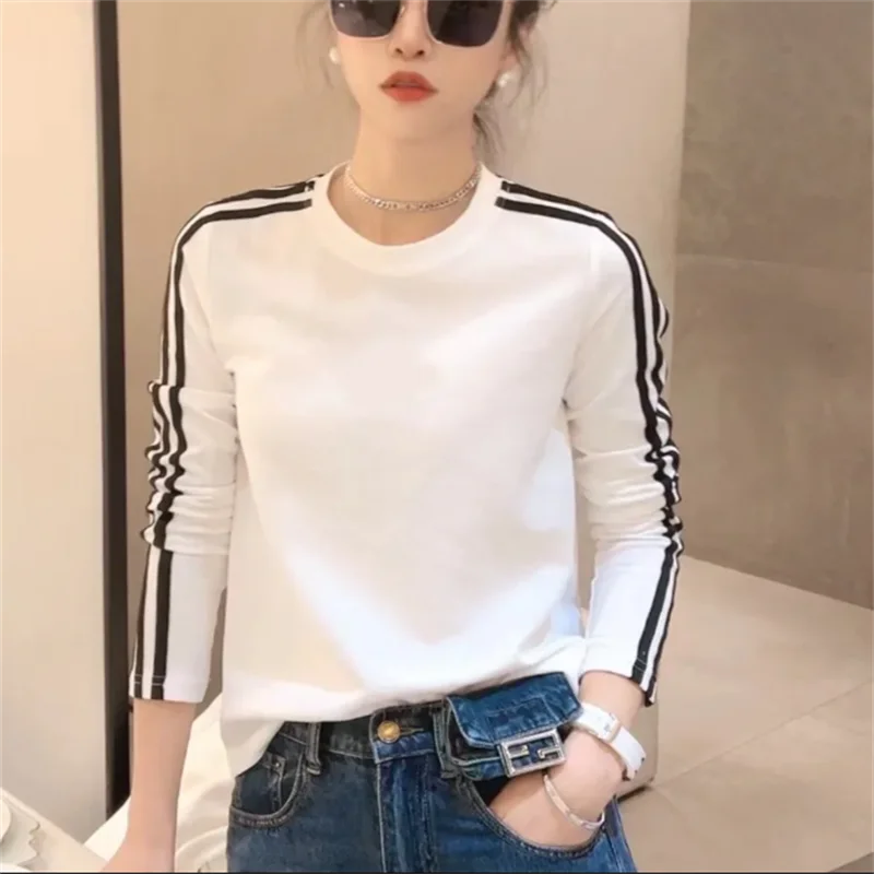 Simplicity Women Tshirt Thin T-shirt Fashion Bottom Top Stripe Blous O-neck Long Sleeve Woman Clothes Tshirts Spring Female Tees