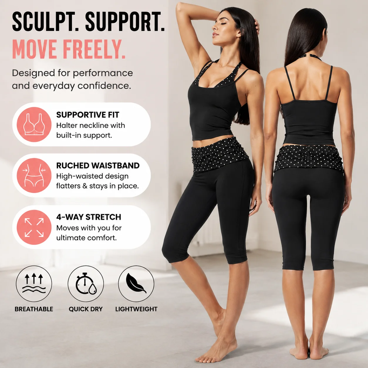 Yoga Sportswear Tank Top Capri Leggings Set Halter Neck High Waist Ruched Butt Lifting Scrunch Workout Athletic