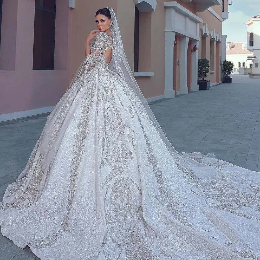 Luxury Wedding Dress Square Neck Beads Lace Applique Bridal Gowns 2024 Custom Made Hollow Back Court Train Vestido De Novia