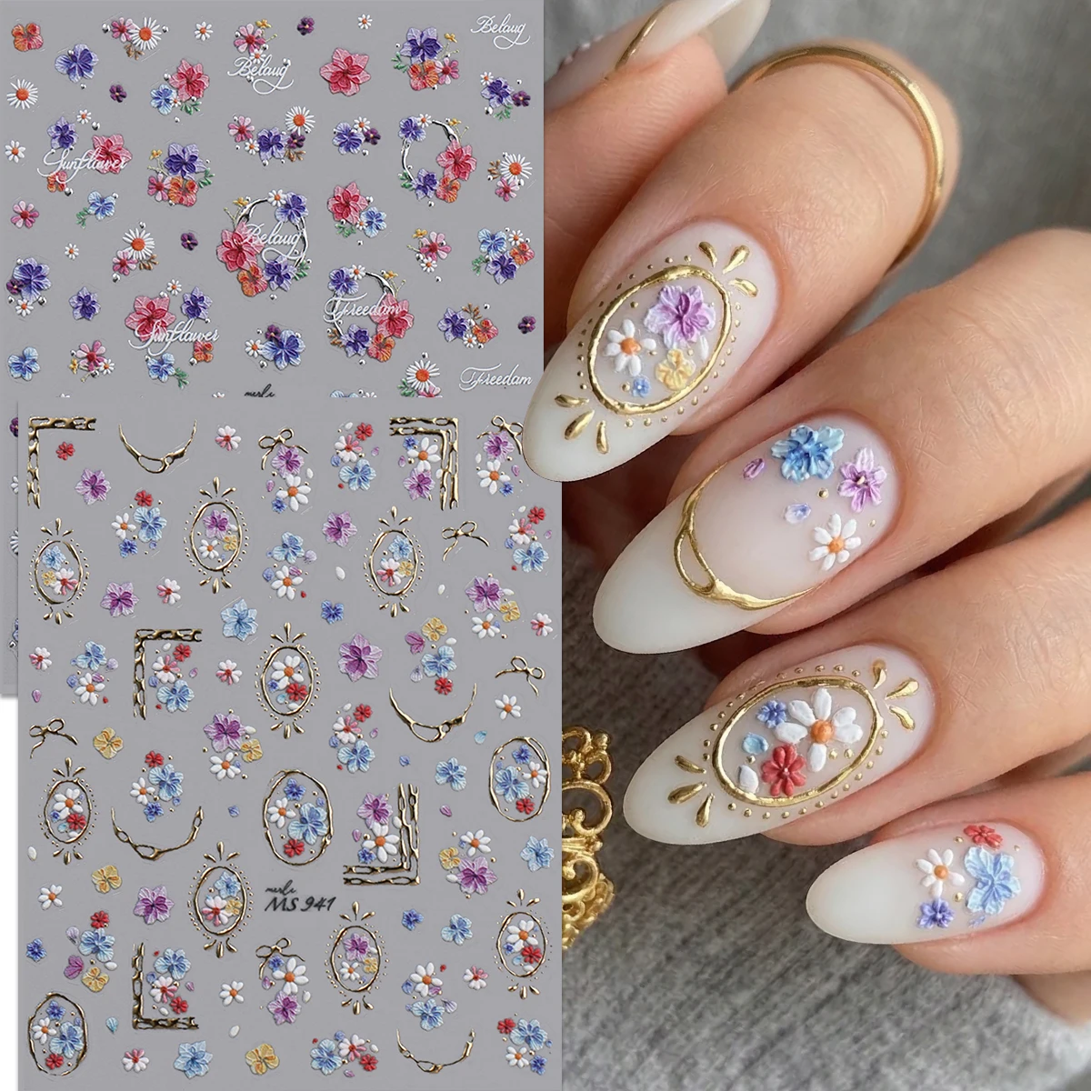 2Pcs Vintage French Gold Floral Frame Nail Stickers - Colorf