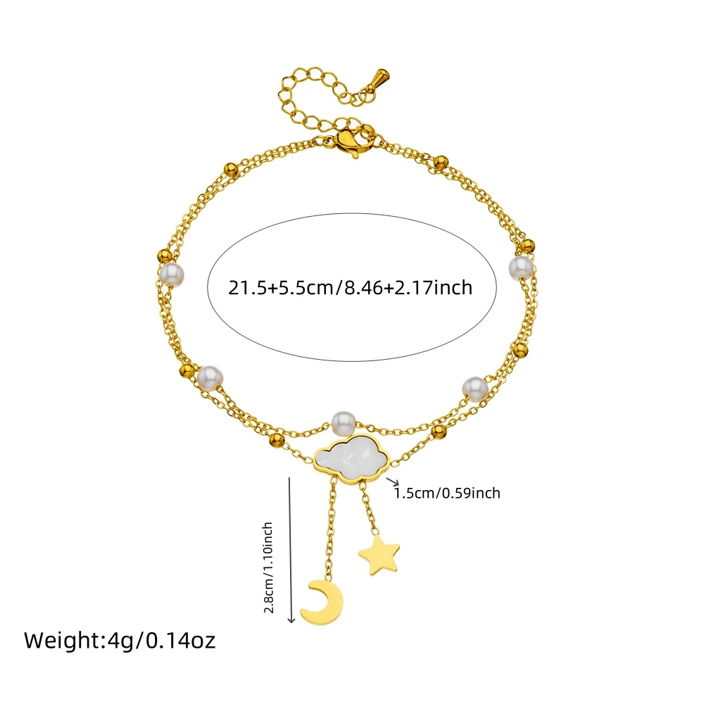 LAMENGLY 316L Stainless Steel Romantic Two Chain Shell Pearl Cloud Bowknot Pendant Anklets For Women New Trend Foot Chain Gifts