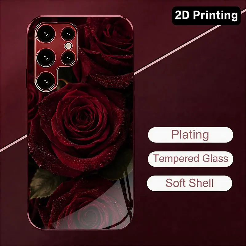 Glass phone case with dark red rose pattern suitable for Samsung Galaxy S26 S25 S24 S22 S21 S20 FE/Ultra/Plus anti drop