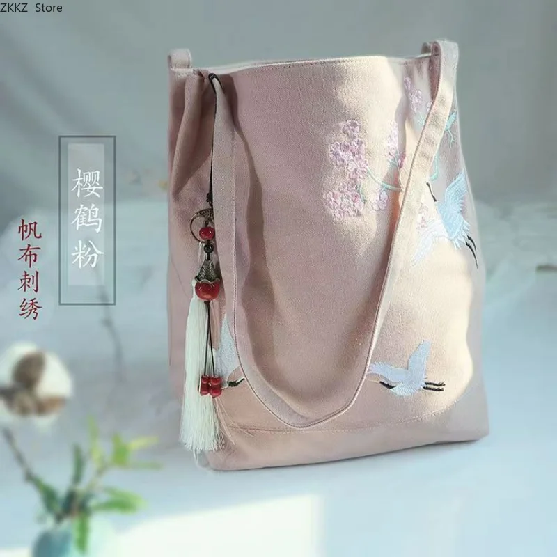 Literary Hanfu Retro Chinese Style Canvas Bag Ancient Style Canvas Embroidery Handbag Shoulder Bucket Bag