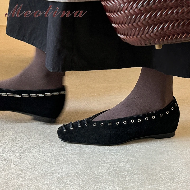 

Meotina Women Genuine Leather Flats Square Toe Metal Decoration Sheepskin Ladies Fashion Casual Shoes Spring Autumn Khaki 40
