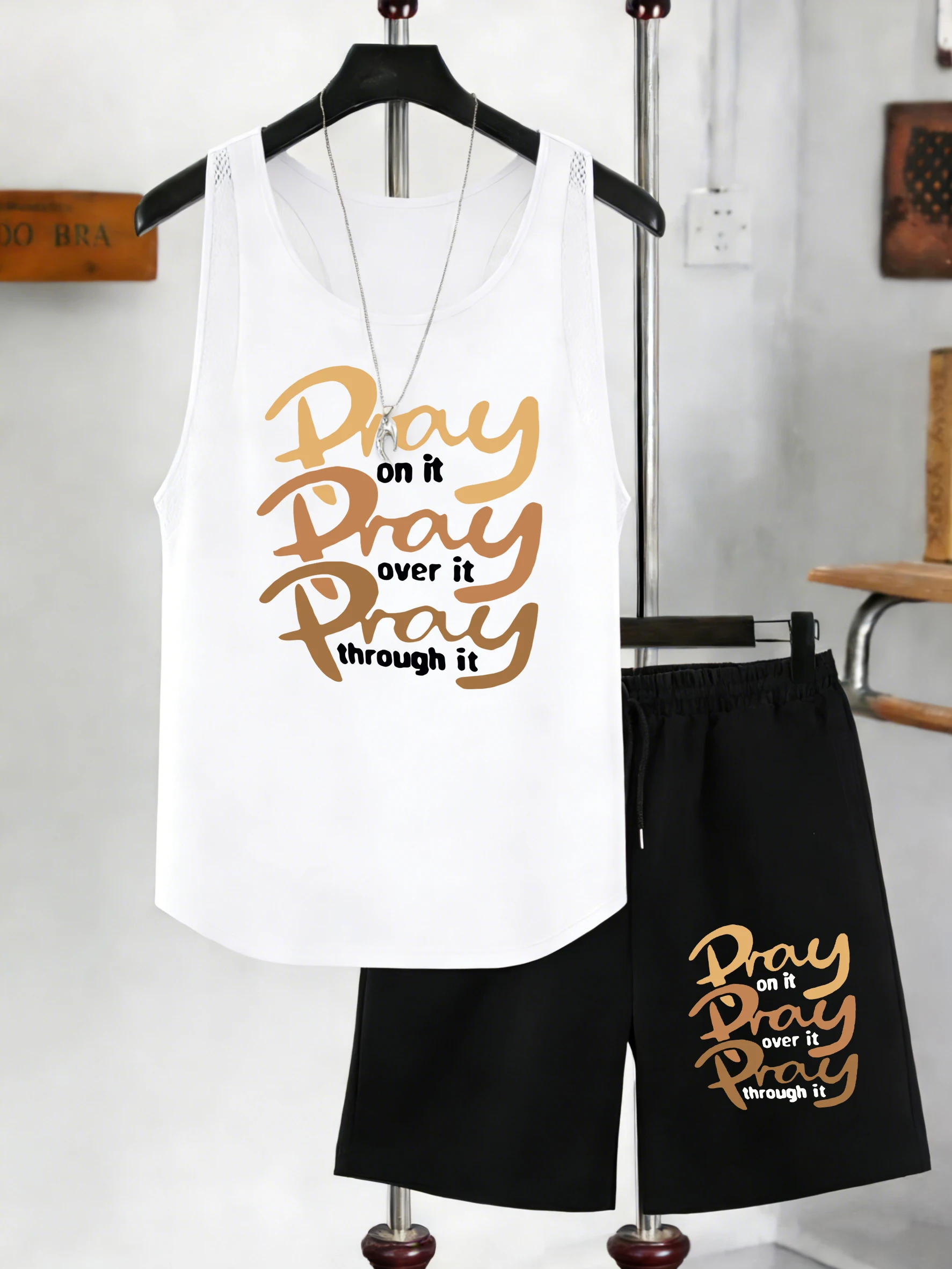 Pray On It Over Through It Men Mesh Tank Tops Set Casual Sleeveless Vest Drawstring Summer Pocket Black Pant Wide-Leg Shorts