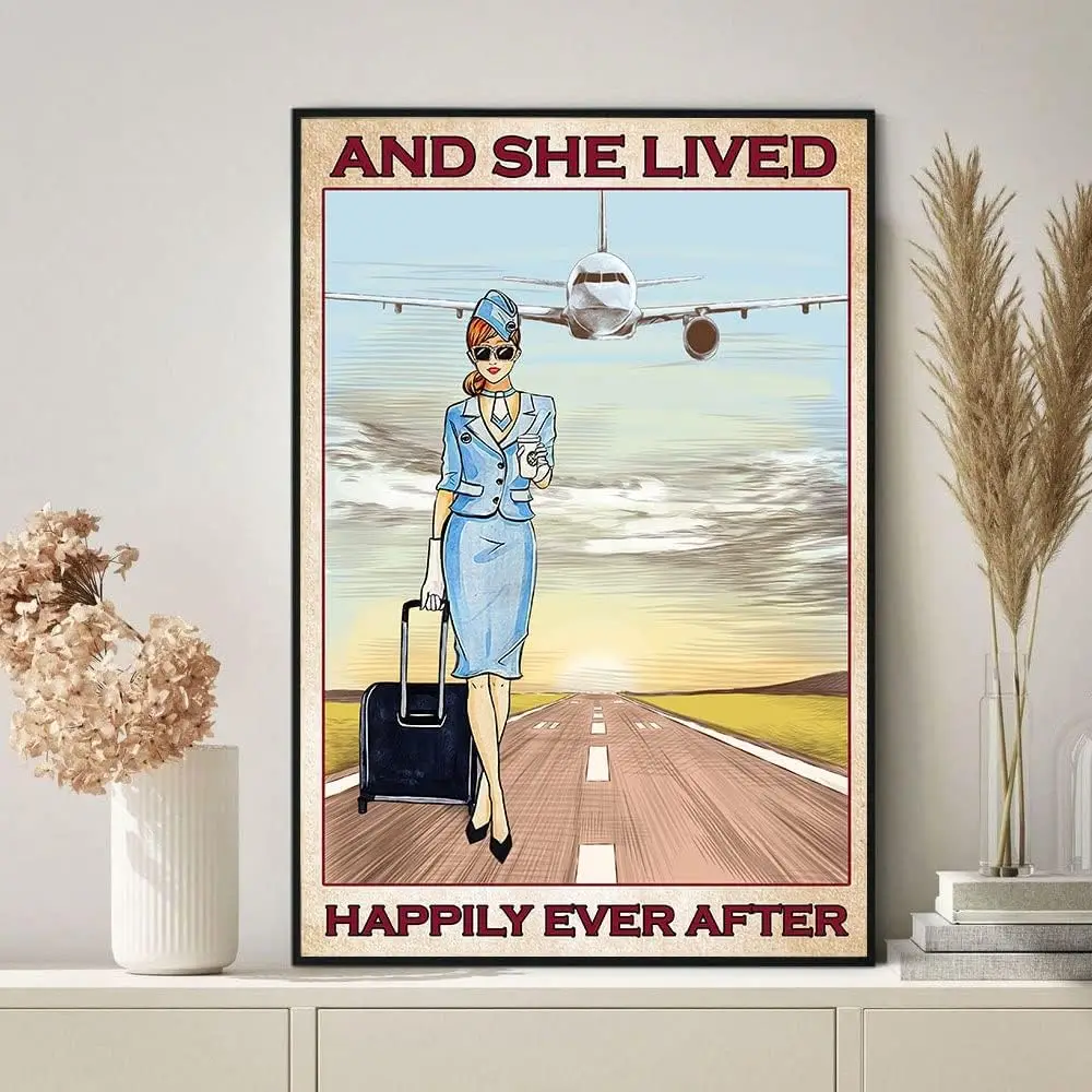Retro Metal Tin Sign 5.5 X 8 Inches and She Lived Happily Ever After Poster Flight Attendant Vintage Poster Flight Attendan sign