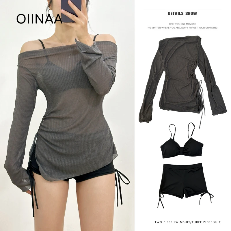 

OIINAA Sexy Bathing Suit Women Neck-mounted Lace Up Bikini Set Grey Long Sleeve Cover-Ups Summer 2025 Korean Fashion Swimwear