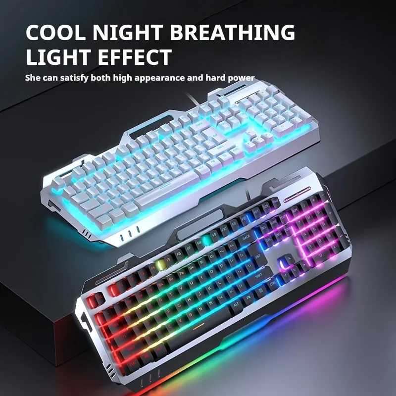 EWEADN GX80Z Gaming Membrane Keyboard, 104Keys Wired All-Metal Panel Silent with LED Backlit, Esports, Home Use, School, Laptop