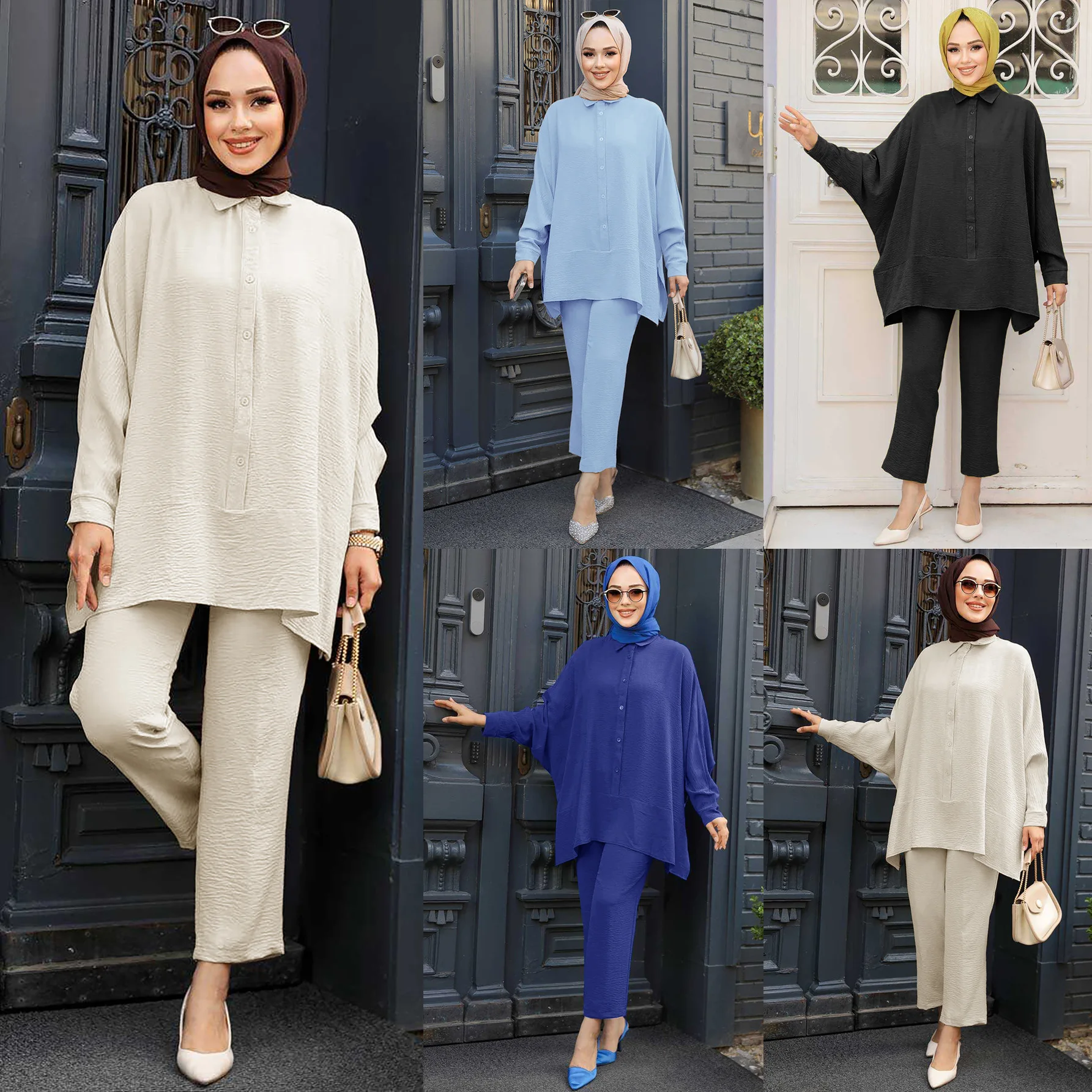 Eid Ramadan Muslim Women Long Sleeve Blouse Pants 2 Piece Set Dubai Abaya Kaftan Arabic Outfits Femme Ensembles Islam Clothing