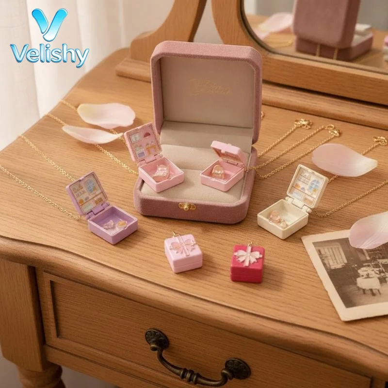 Opening And Closing Square Pendant Necklace New Bedroom Girl's Kitchen Miniature Cabin Scene Necklace Colorful Bow Necklace