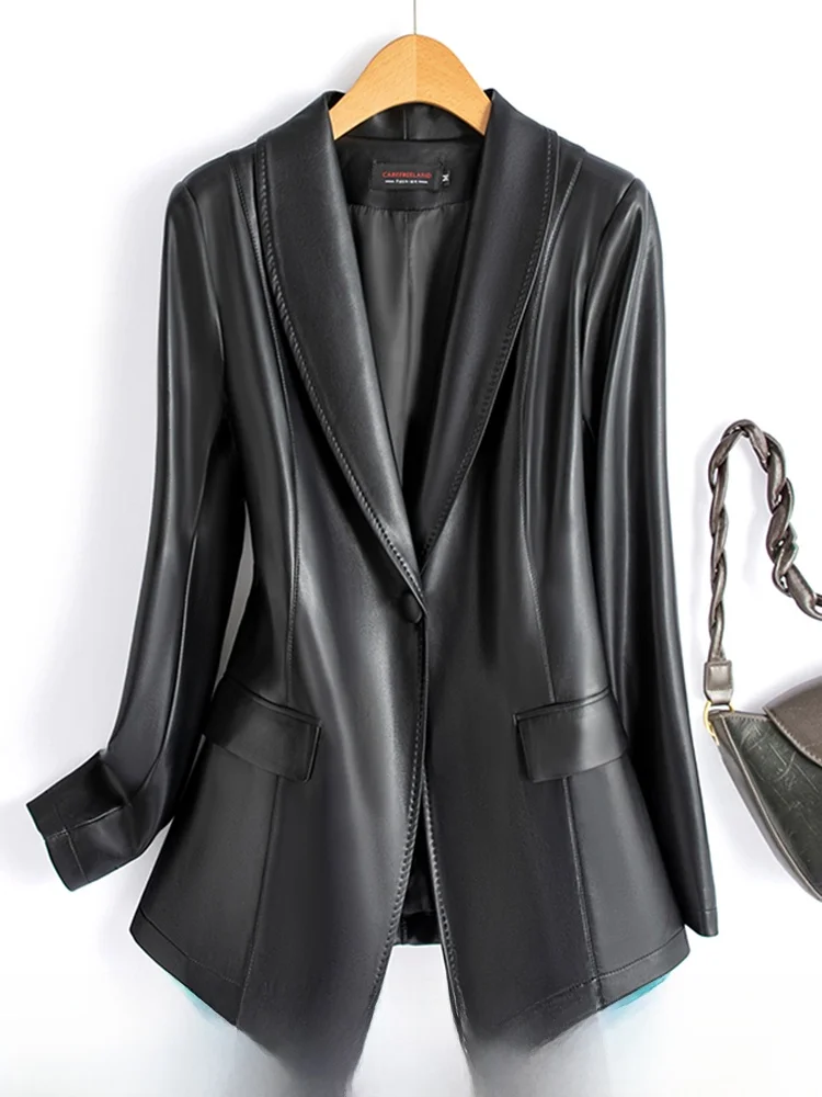 

Spring 2026 Short Genuine Leather Jacket Women's Slim Fit Suit Collar Padded Coat Stylish Biker Jacket Breathable Outerwear