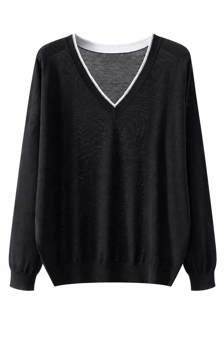BD3621781 Damen 100% Wolle Oversized V-Ausschnitt Pullover Langarm Kontrastbesatz V-Form Kette Zweifarbig Entspannter Luxus Herbst – Detail 15