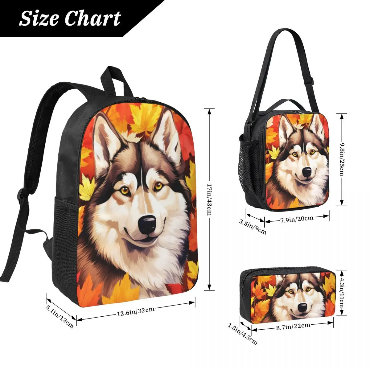 Autumn Fall Siberian Husky Dog Backpack Boys Girls BookBag School Bag Computer Shoulder Bags 3ps Insulated Lunch Bag Pencil Case