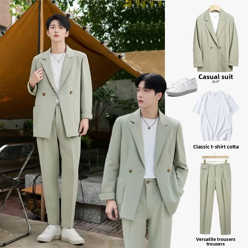 

Busin Casual Men's Suiting Set Lightweight Loose Fit Sli Spring Autumn Wear Stand Tailoring Pure Color Double Button