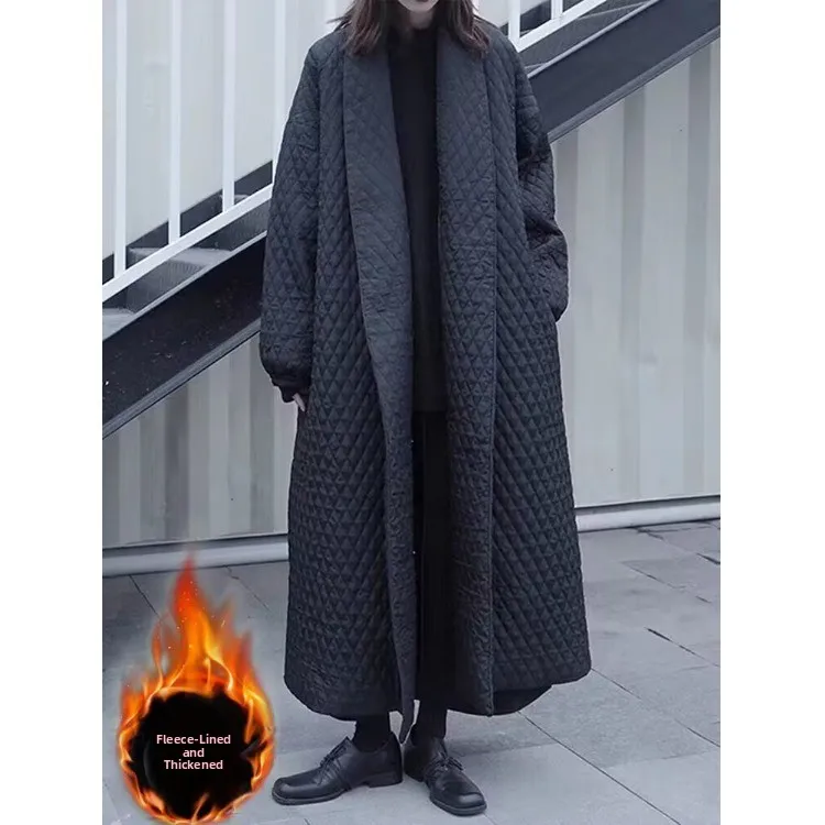 Fashionable Long Cotton Jacket Women's Winter Clothes 2026 Diamond Pattern Loose plus Size Cotton Coat Vintage Style