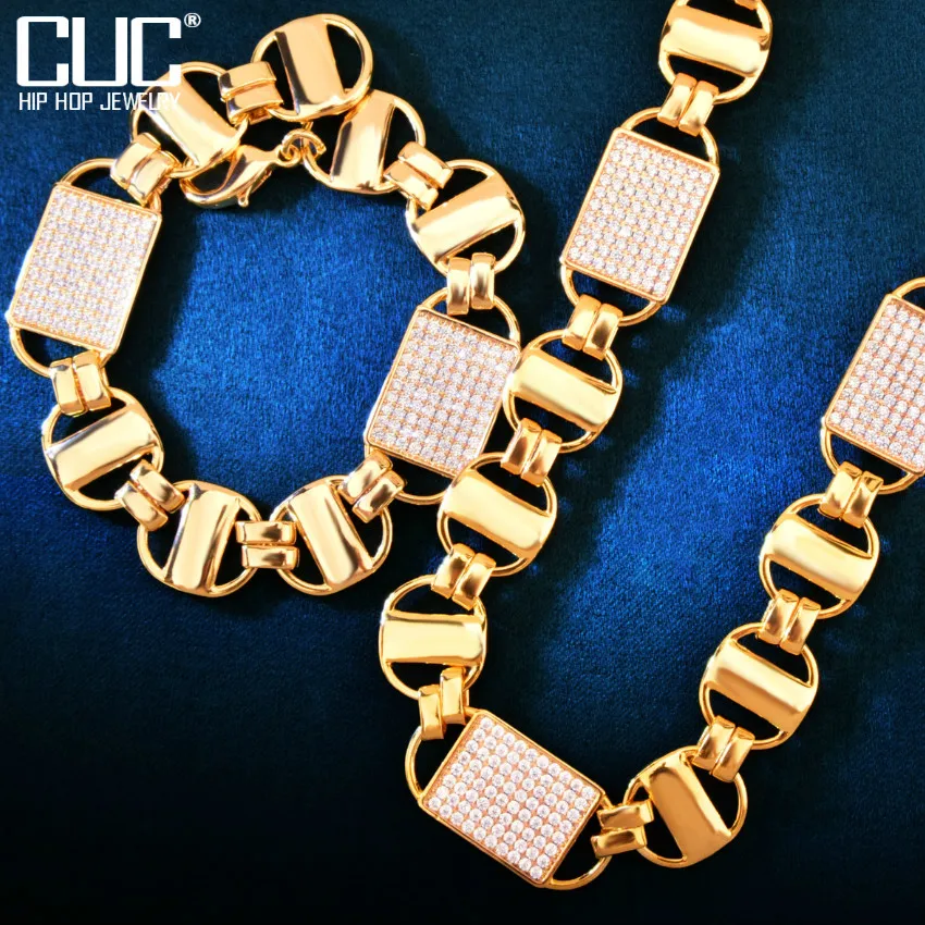 CUC Square Clustered Cuban Chain Bracelet+Necklace Set For Men Women HipHop Link Gold Color Iced Out CZ Zirconia Fashion Jewelry