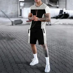 2024 New Summer Suit Men's Oversized T-Shirt Shorts 2 Piece Splicing Printed Sportswear Fashion Fitness Suit Men's Clothing