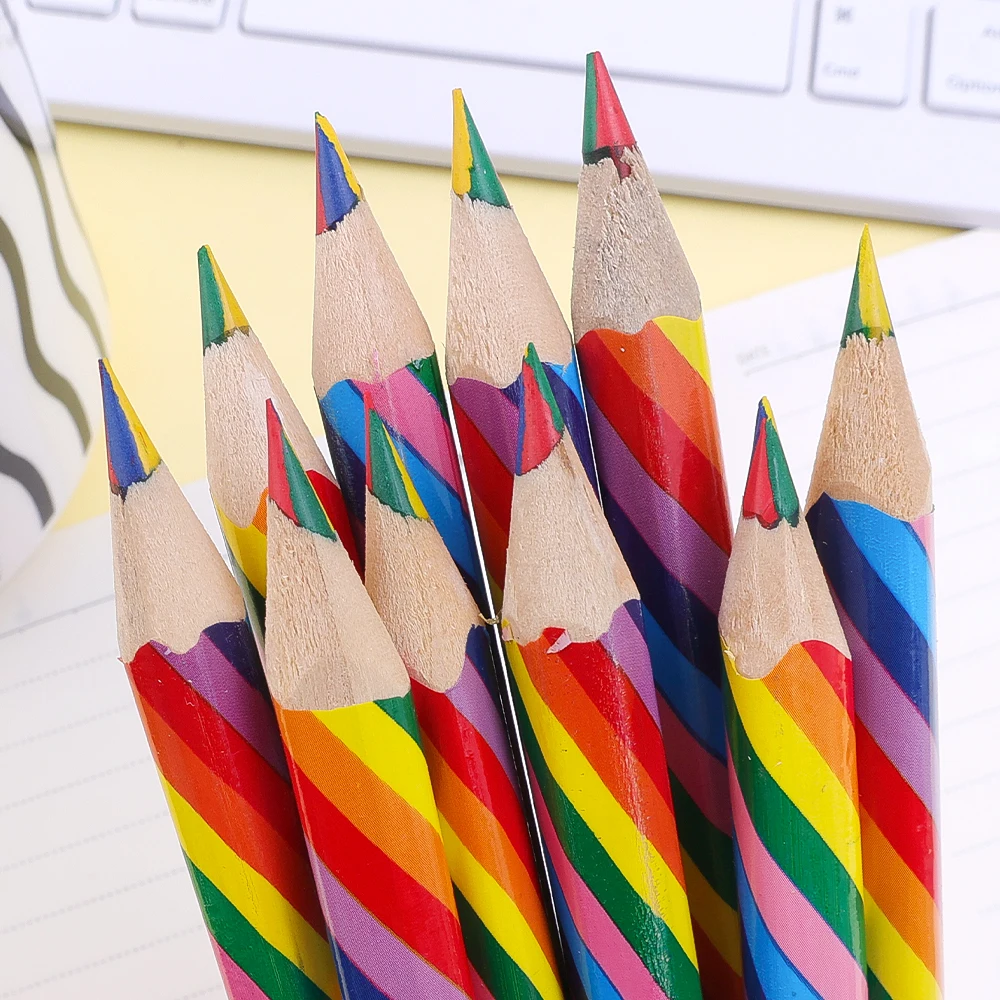 Wooden Rainbow Colors Pencil Kid School Graffiti Drawing Painting Colored Pencils Hexagonal Triangular Wood Writing Pens