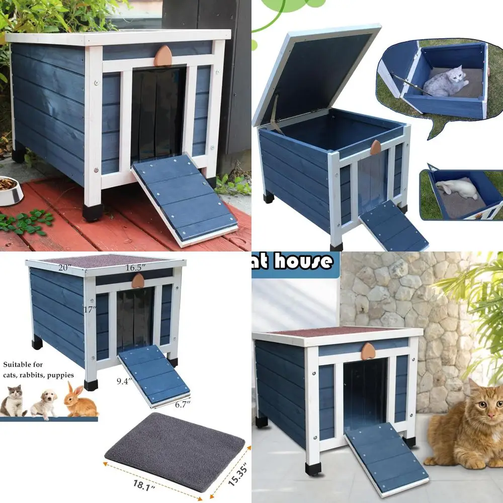 

Weatherproof Blue Modern Outdoor Cat Shelter for Feral Cats, Small Pet Habitat with Mat