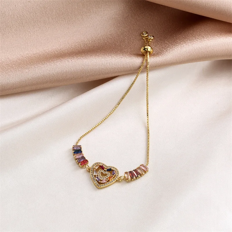 Multicolor Cubic Zirconia Crystal Gold-plated Brass Love Peach Heart Charm Bracelet Women Square CZ Stones Chain Jewelry Present