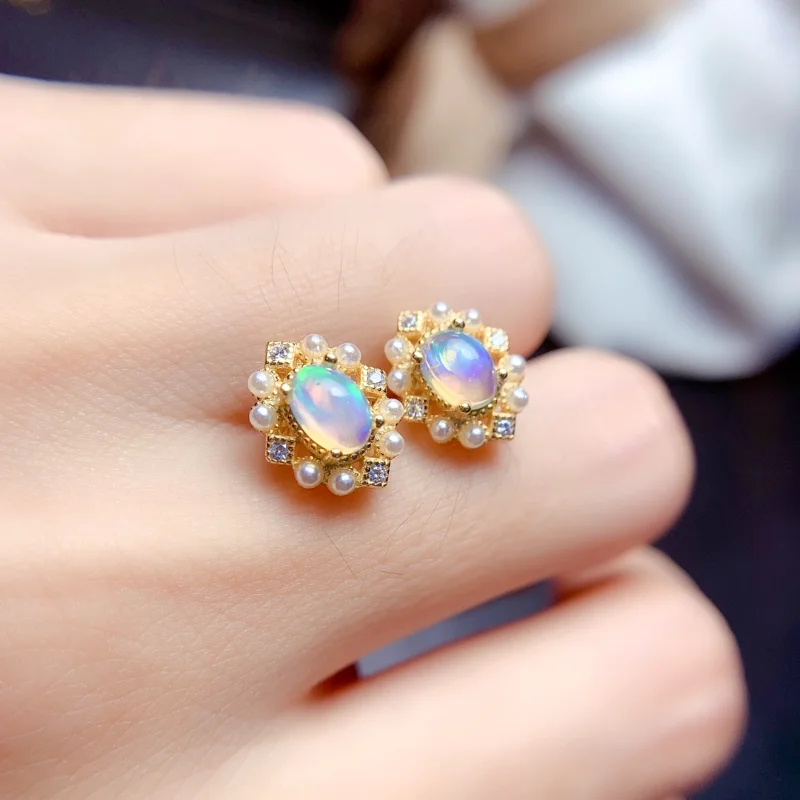 Natural Opal Earrings Studs Women's Silver 925 Earrings Women's Wedding Gems Earrings Sterling Jewelry